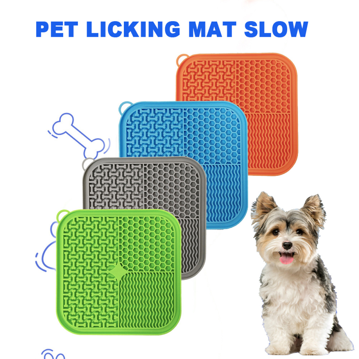 Silicone slow feeder licking mat in orange, grey, blue and green